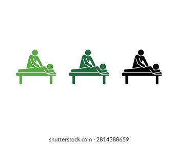 A set of three flat vector icons depicting a professional massage therapist performing bodywork on a client lying on a spa table in green and black colors