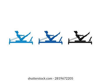 A set of three flat vector icons depicting a woman performing a pilates workout on a reformer machine in blue and black colors
