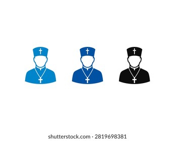 A set of three flat vector icons representing an Orthodox Christian priest wearing a traditional hat and a cross necklace in blue and black colors.
