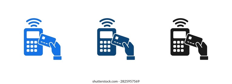 A set of three flat vector icons representing electronic payment processing using a credit card and a point of sale terminal with wireless connectivity.