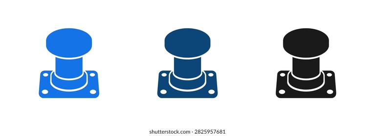 A set of three flat vector icons representing a nautical mooring bollard used for securing ships at a dock or pier in various shades of blue and black