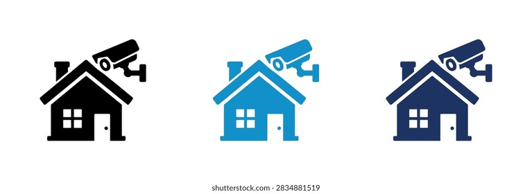 A set of three flat vector icons representing residential security with a surveillance camera mounted on a house roof in different color variations