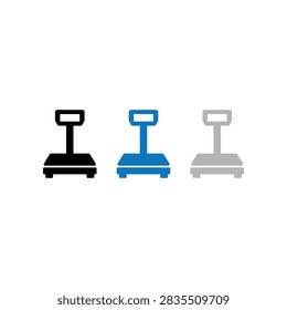 A set of three flat vector icons representing industrial floor scales used for weighing heavy cargo and packages in warehouse logistics and shipping environments.