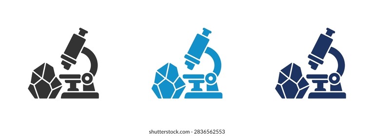 A set of three flat vector icons representing mineralogy and geology research with a laboratory microscope examining a rock specimen in black and blue colors