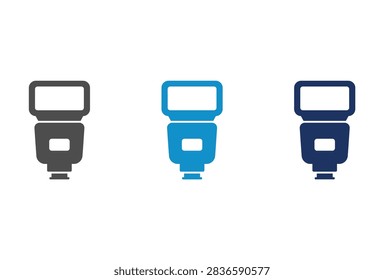 A set of three flat vector icons representing a professional camera flash or speedlight unit in grey light blue and dark blue colors