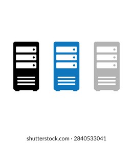 A set of three flat vector icons representing computer server towers or desktop PC cases in black blue and grey colors for technology design.