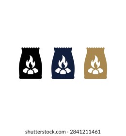 A set of three flat vector icons representing bags of charcoal with a flame and coal symbol for outdoor cooking and BBQ supplies