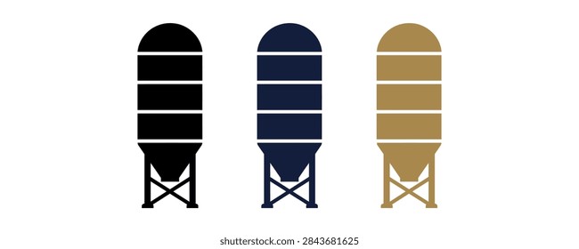 A set of three flat vector icons representing industrial storage silos or grain elevators used in farming and construction industries