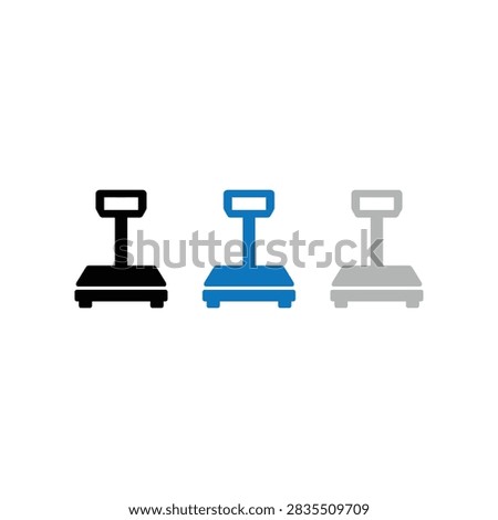 A set of three flat vector icons representing industrial floor scales used for weighing heavy cargo and packages in warehouse logistics and shipping environments.