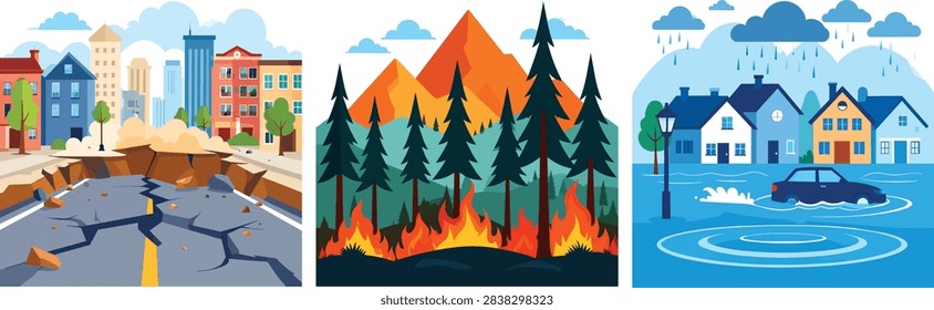 A set of three flat vector illustrations depicting natural disaster catastrophes. Features an earthquake destroying a city road, a forest wildfire burning pine trees near mountains, and heavy rain flooding a suburb with a car submerged in water. Ideal for insurance, climate change awareness, disaster management, emergency response, and safety education infographics.