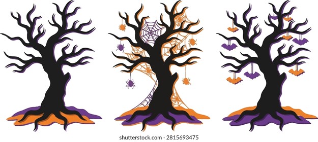 Set of three flat vector spooky Halloween trees with spider webs and hanging bats, paper cut style holiday illustration isolated on white background.