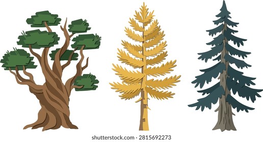 Set of three flat vector trees including old twisted pine, golden conifer and green spruce isolated on white background.