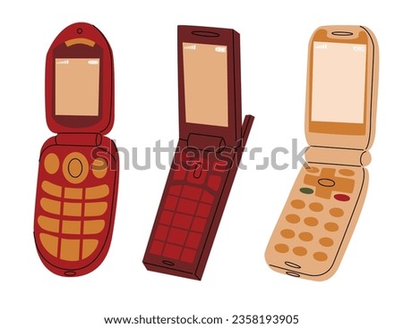 Set with three flip phones in 90-00s y2k retro style. Blank screen. Wireless mobile phone generation. Vector illustration isolated on white background. 