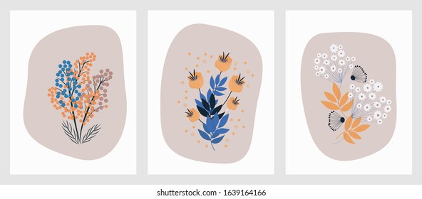 Set of three floral arrangements, nature, abstract shapes, flower bouquet, postcards,  brown and blue color, banner, vector illustration