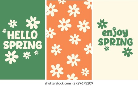 Set of three floral backgrounds with hand-drawn daisies and playful spring lettering. Includes designs with “Hello Spring”, “Enjoy Spring”, and a minimal floral pattern background. Flat vector illustrations with copy space, suitable for banners, posters, greeting cards, packaging, branding, presentations, and seasonal design projects
