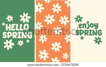 Set of three floral backgrounds with hand-drawn daisies and playful spring lettering. Includes designs with “Hello Spring”, “Enjoy Spring”, and a minimal floral pattern background. Flat vector illustrations with copy space, suitable for banners, posters, greeting cards, packaging, branding, presentations, and seasonal design projects