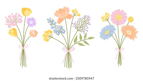 Conjunto de tres ramos florales. Manojo de flores silvestres. Flores atadas con cinta, Ilustración vectorial. Hierbas de pradera y plantas silvestres para proyectos de diseño