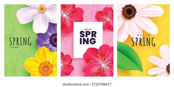 Un conjunto de tres tarjetas florales con flores realistas en 3D que incluyen narcisos y flores con el texto "Hola Primavera" sobre fondos vibrantes con textura.