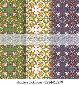Set of three floral geometric patterns, seamless print of colored abstract tiles with beautiful decorative elements. A beautiful and stylish decoration for the design of any interior.