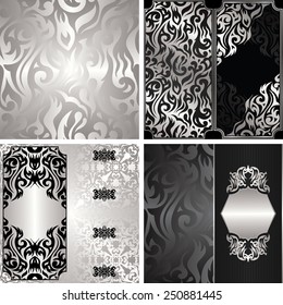 Set of three floral invitations and template of seamless floral wallpaper. Seamless wallpaper in a silver. Floral decoration          