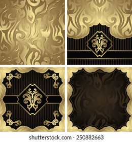 Set of three floral invitations and template of seamless floral wallpaper. Seamless background in a gold. Floral decoration in a gold. Striped and floral background        