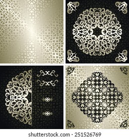 Set of three floral invitations and template of seamless wallpaper. Seamless background in a silver. Floral lace decoration in a silver           