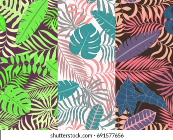 Set of three floral pattern. Tropical background with palm leaves