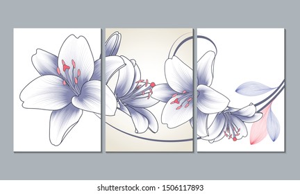 Set of three floral patterns, canvases for the design of the apartment, office, kitchen, bedroom, living room. Home wall decor. Vector floral background with hand-drawn lily flowers.