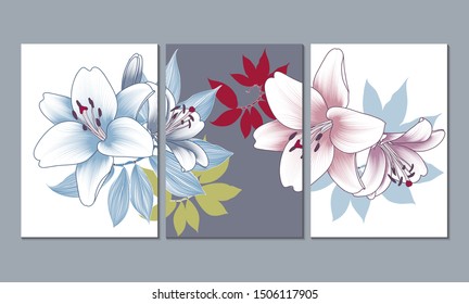 Set of three floral patterns, canvases for the design of the apartment, office, kitchen, bedroom, living room. Home wall decor. Vector floral background with hand-drawn lily flowers.