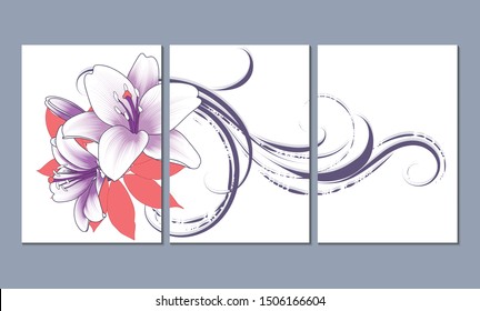 Conjunto de tres motivos florales, lienzos para el diseño del apartamento, oficina, cocina, dormitorio, sala de estar. Decoración en la pared interior. Fondo vectorial floral con flores de lirio dibujadas a mano.