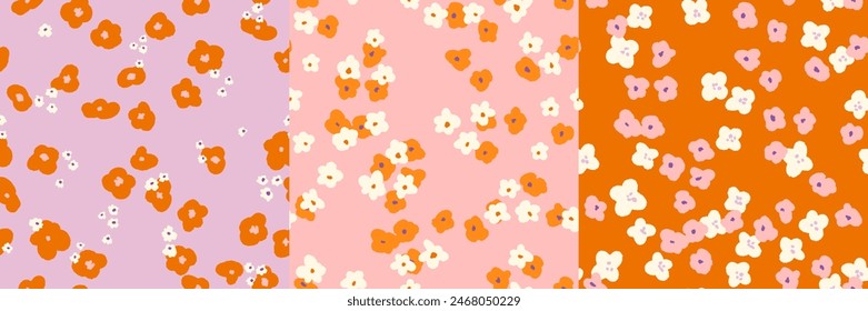 Set of three floral patterns. Cute hand drawn vector illustration