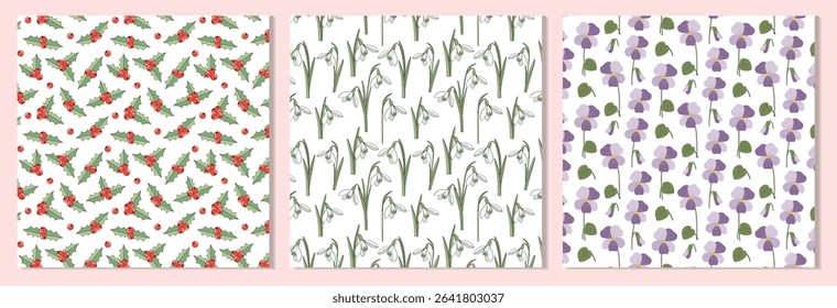 Set of Three Floral Patterns Featuring Holly, Snowdrop, and Sweet Violet. Cute Small Flowers and Leaves on Seamless Background. Winter Season Floral Pattern Collection.