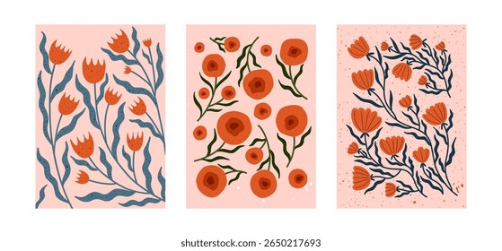 Set of three floral posters with hand drawn orange flowers and blue leaves on soft pink backgrounds. Minimalist botanical wall art, perfect for modern home decor and summer vibes.
