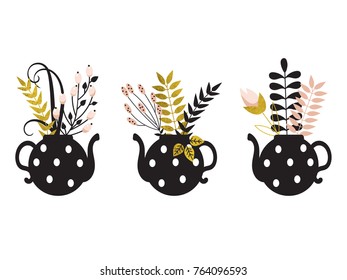 Set of three flower arrangements in teapots isolated on white background. Vector illustration.