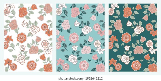 Set of three flower patterns. Summer romantic vibe. Vector eps 10, scale to any size without compression. Perfect for packaging or printing.