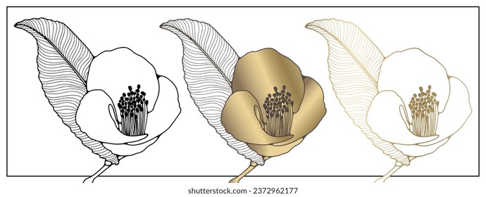 A set of three flowers in a frame: a black flower outline, a gold outline and a brown flower outline with gold petals. Objects for creating patterns, various designs, wallpapers, covers and cards.