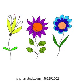 Set of three flowers in a naive style. Freehand drawing vector illustration with doodles. children draw.
