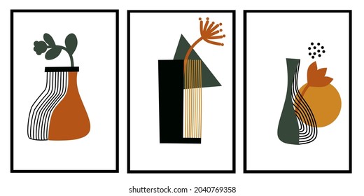 Tres flores en las paredes de jarrón. Resumen de decoración en la pared de una maceta. Decoración minimalista de las paredes. Decoración de la casa escandinava.
