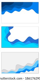 Set of three flowing papercuts wavy blue background with text space