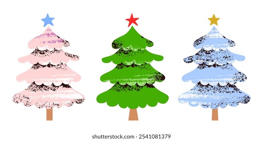 Conjunto de tres Navidades mullidas de color azul, rosa, árboles verdes con estrella y texturas. Linda ilustración moderna de Vector sobre fondo aislado blanco para postales, felicitaciones en redes sociales, collages.