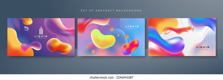Set of three fluid abstract background with vivid vibrant gradient liquid colorful 3d design concept. Vector illustration