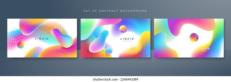 Set of three fluid abstract background with vivid vibrant gradient liquid colorful 3d design concept. Vector illustration