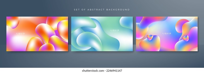 Set of three fluid abstract background with vivid vibrant gradient liquid colorful 3d design concept. Vector illustration