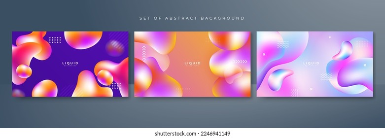 Set of three fluid abstract background with vivid vibrant gradient liquid colorful 3d design concept. Vector illustration