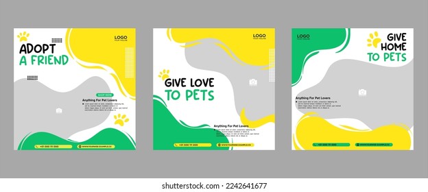 Set of three fluid beautiful color banner backgrounds pet care social media package promotion premium vector template