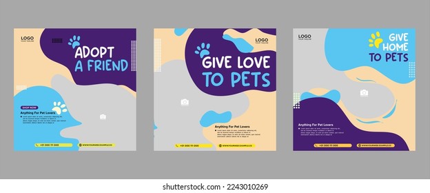 Conjunto de tres fondos de banner color hermoso fluido cuidado de mascotas paquete de promoción de paquete de medios sociales premium vector plantilla