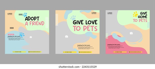 Set of three fluid beautiful color banner backgrounds pet care social media package promotion premium vector template