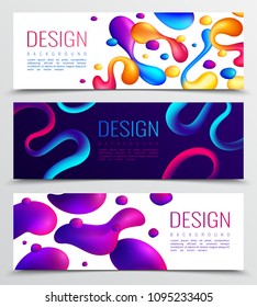 Set of three fluid neon holographic abstract design horizontal banners with colourful drops and editable text vector illustration