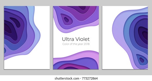 Set of three flyers with abstract papercut design. Corporate template with multi layers of paper. Trendy ultra violet color scheme.