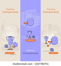 Set of three flyers or banners for the city ping pong championship with cup, ping-pong rackets and camera. Vector illustration